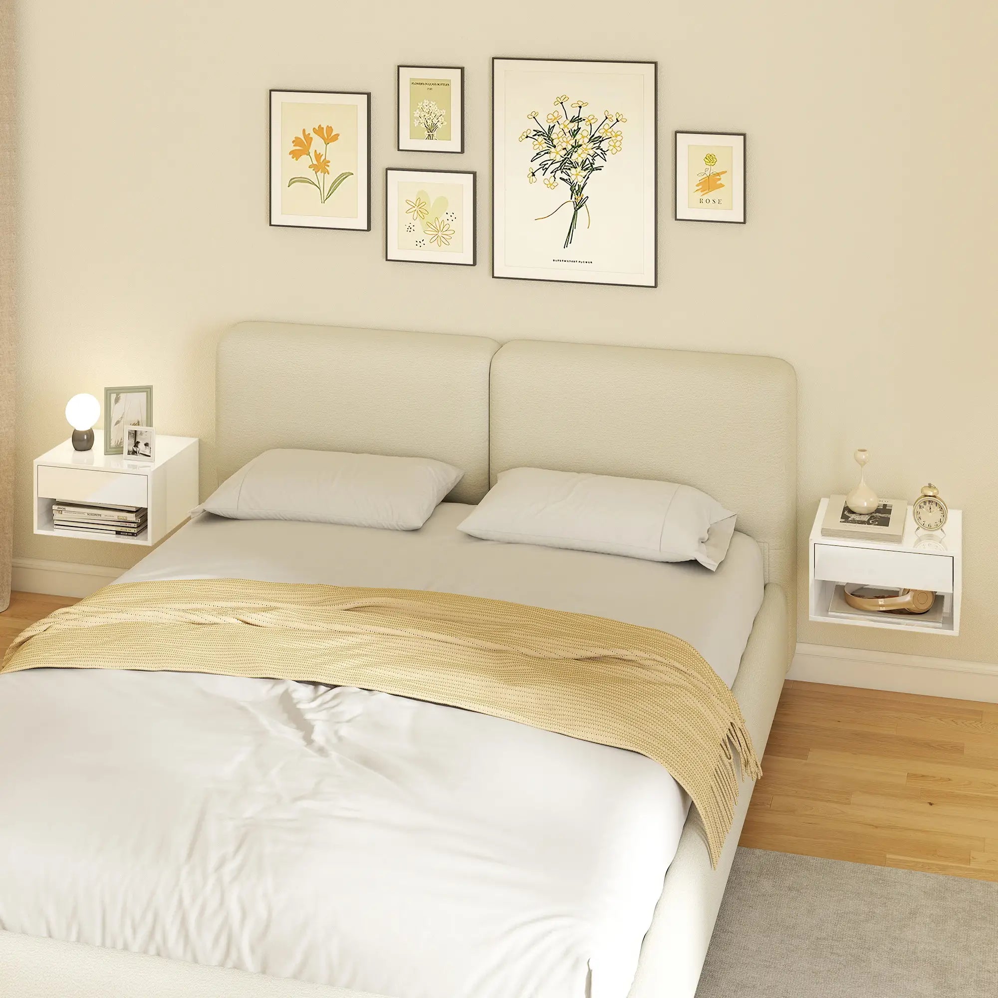 Floating Bedside Tables, Set of 2, Wall-Mounted Nightstand, High Gloss White, White Bedside Tables at Gallery Canada