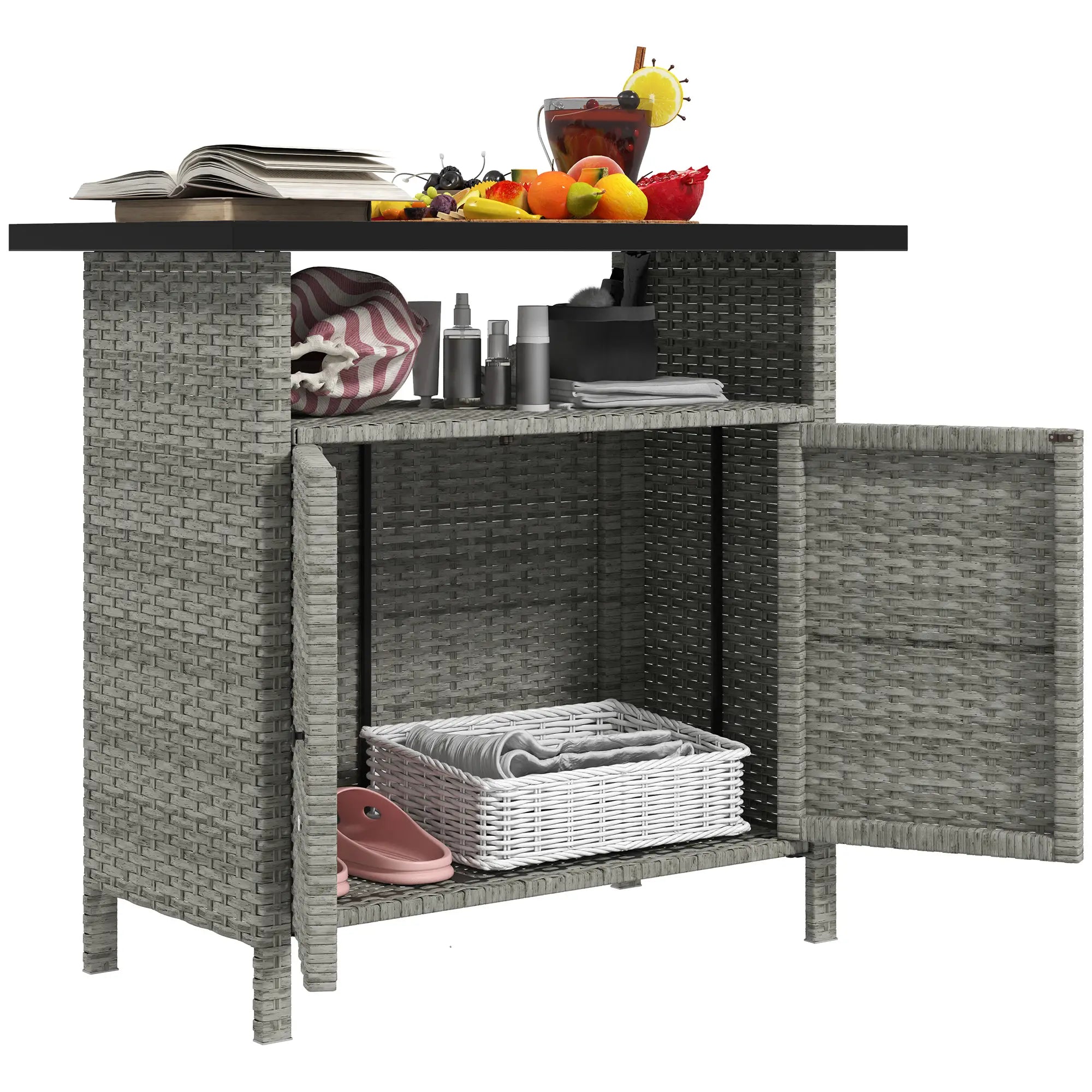 Outdoor Wicker Storage Cabinet, Two Doors, Shelf, Grey Patio Storage Boxes at Gallery Canada