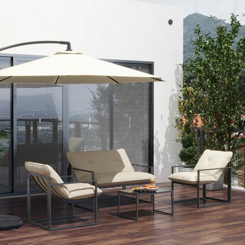 4pc Outdoor Furniture Set, Patio Conversation Set, Tempered Glass Table, Beige