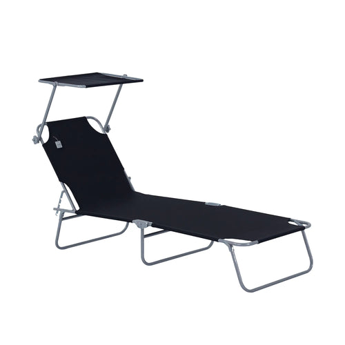 Adjustable Folding Chaise Lounge, Outdoor Tanning Chair with Sun Shade, Black