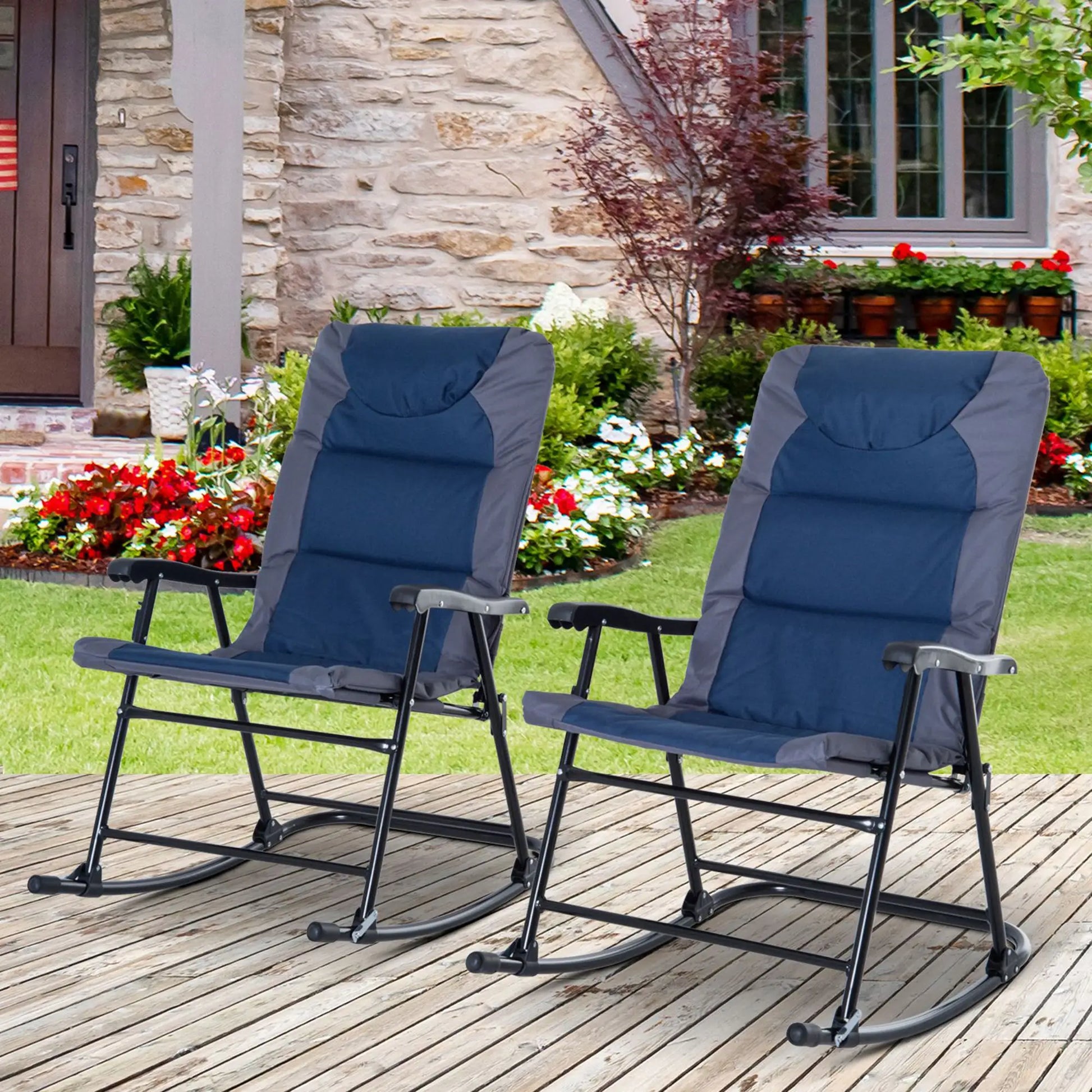 Folding Rocking Chair Set, 2 Padded Rockers with Armrest, Navy Blue Outdoor Rocking Chairs at Gallery Canada