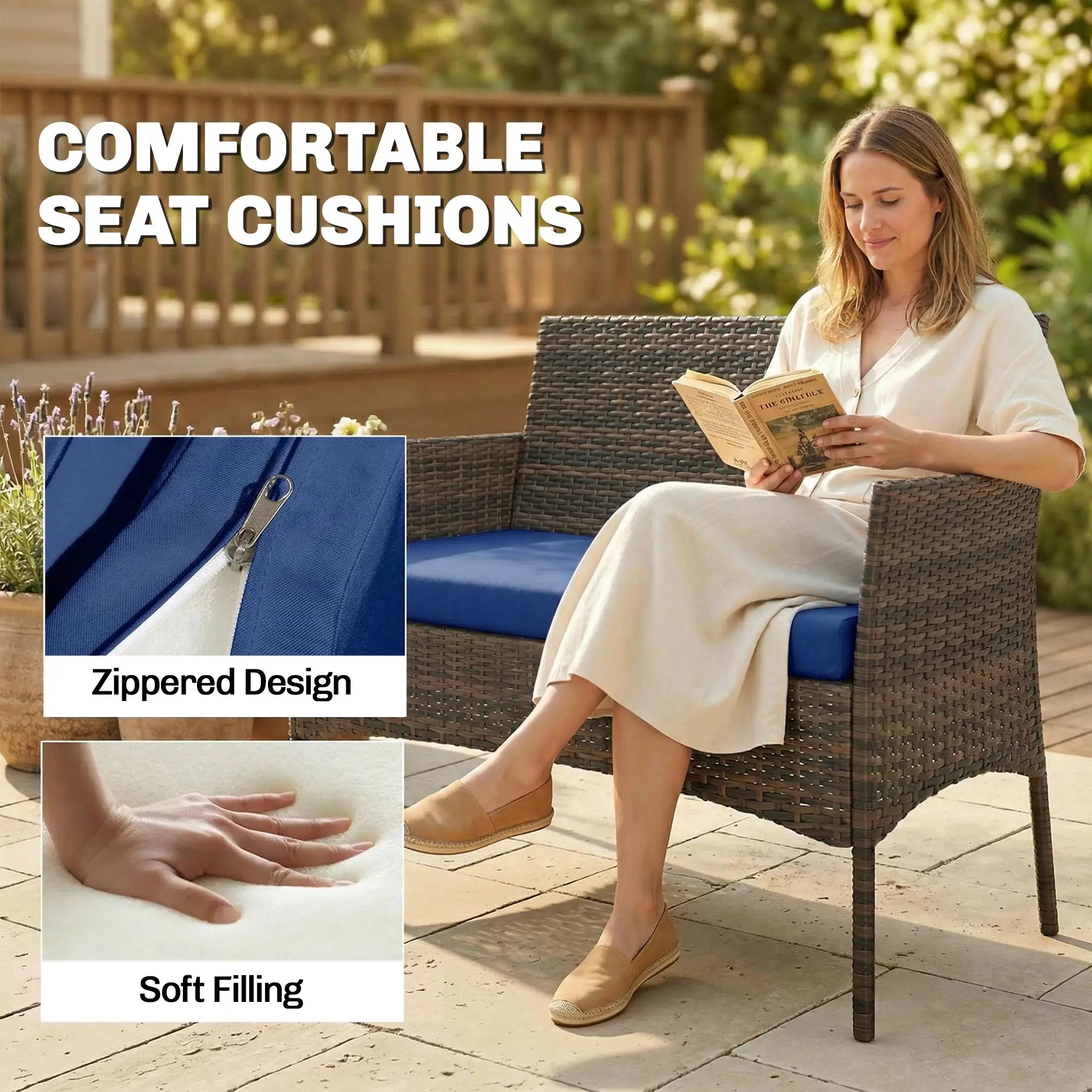 4-Piece Wicker Patio Furniture Set, Glass Coffee Table, Navy Blue Patio Furniture Sets at Gallery Canada