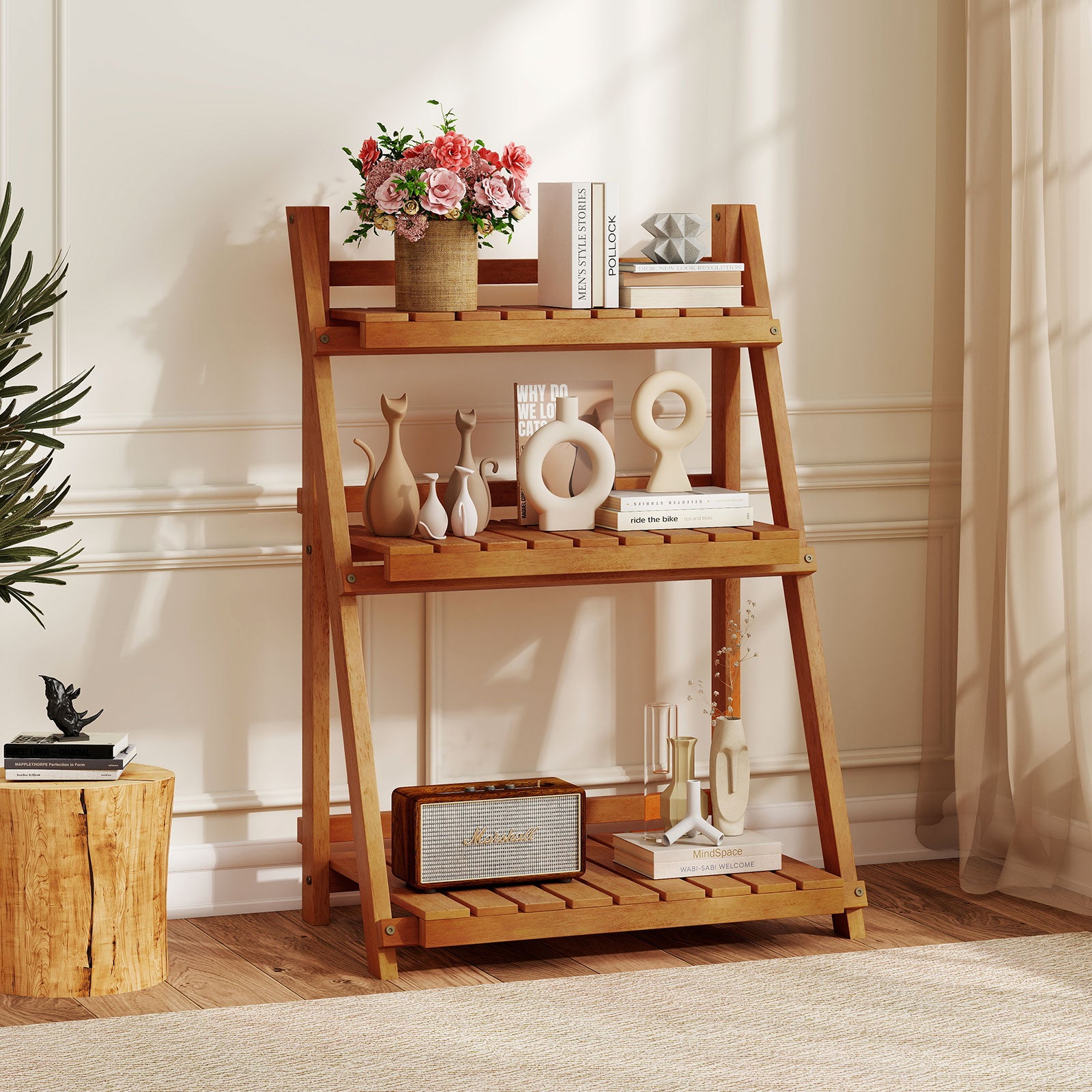 Foldable 3-Tier Solid Wood Plant Stand for Patio Balcony, Natural Plant Stands at Gallery Canada