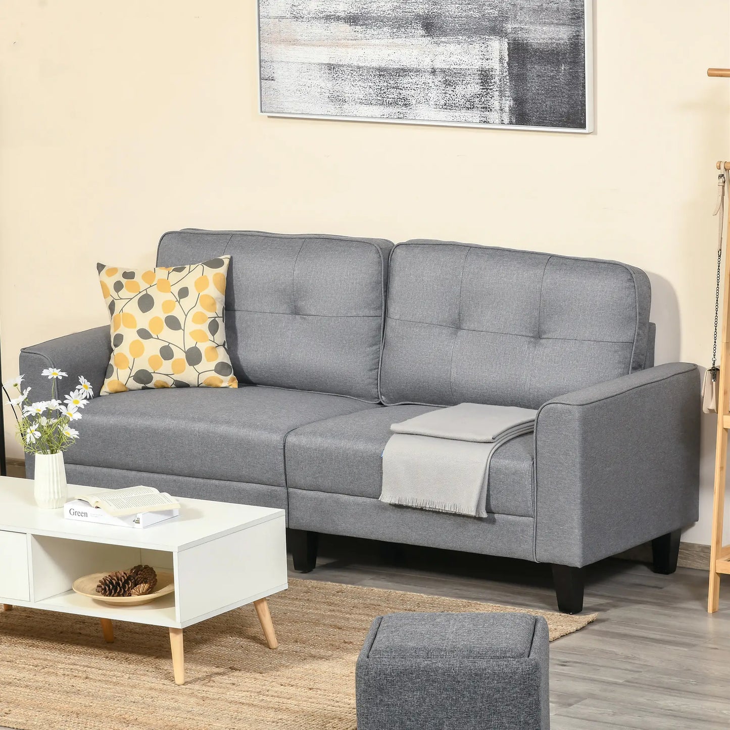 3-Seater Sofa, Mid-Century Linen Couch, Upholstered Seat, Gray 3-Seater Sofas at Gallery Canada