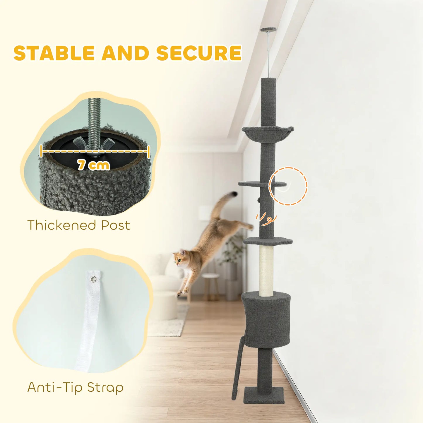87"-94.5" Floor to Ceiling Cat Tree with Sisal Scratching Post, Condo, Hammock, Ramp, Perches, Dark Grey Floor to Ceiling Cat Trees at Gallery Canada