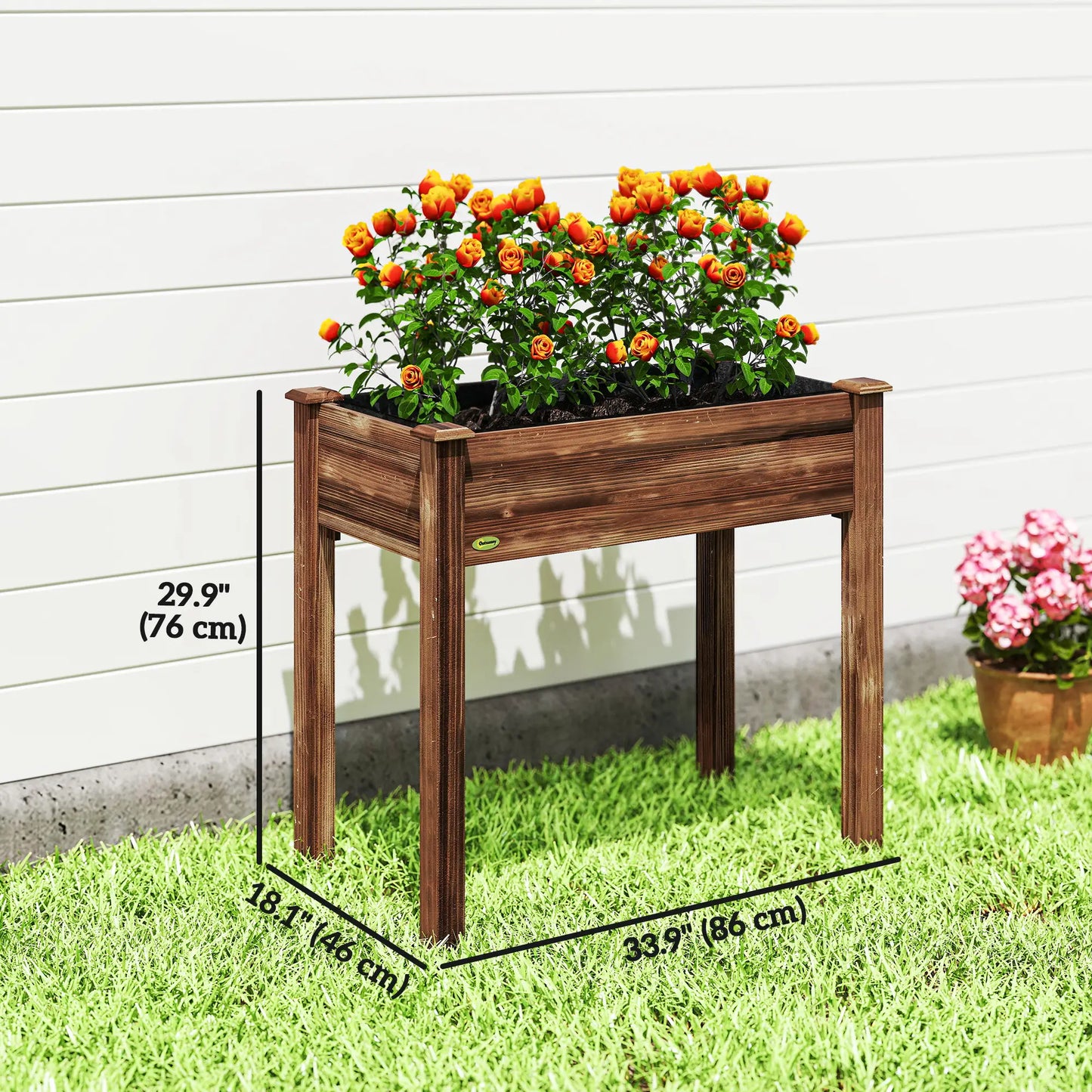 34" x 18" x 30" Wooden Raised Garden Bed Planter, Elevated With Legs, Carbonized