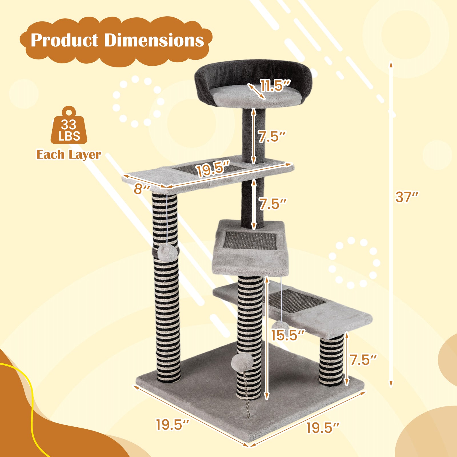 93 CM Tall Cat Tree Kitten Tower with Sisal and Jute Scratching Posts, Gray Cat Trees Condos & Scratchers at Gallery Canada