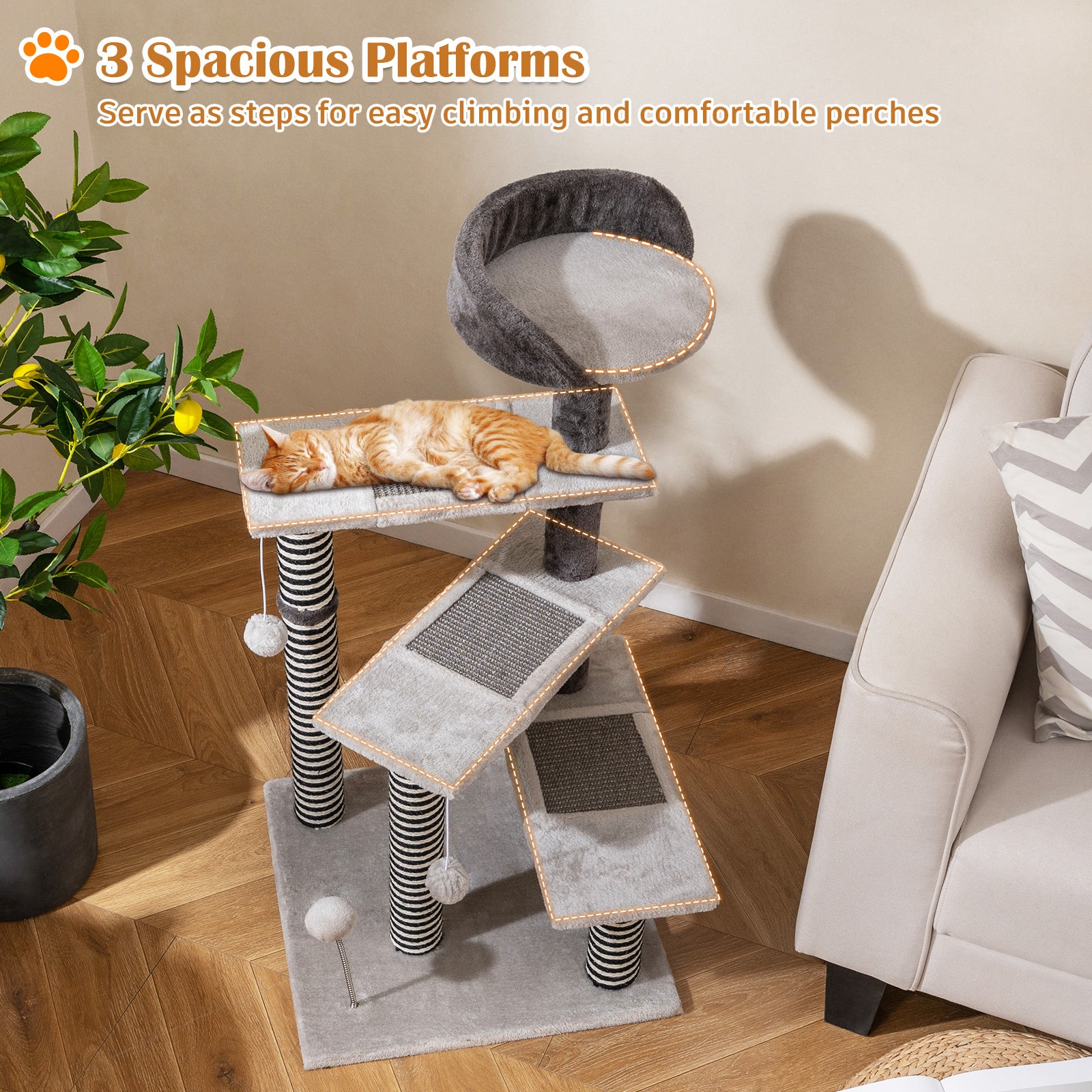 93 CM Tall Cat Tree Kitten Tower with Sisal and Jute Scratching Posts, Gray Cat Trees Condos & Scratchers at Gallery Canada