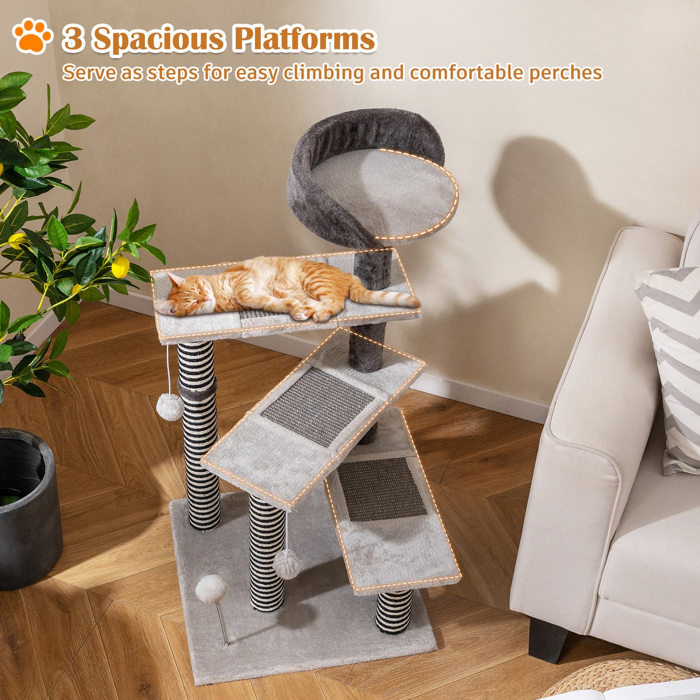 93 CM Tall Cat Tree Kitten Tower with Sisal and Jute Scratching Posts, Gray Cat Trees Condos & Scratchers at Gallery Canada
