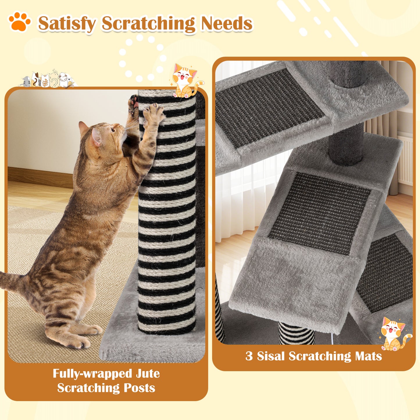 93 CM Tall Cat Tree Kitten Tower with Sisal and Jute Scratching Posts, Gray Cat Trees Condos & Scratchers at Gallery Canada