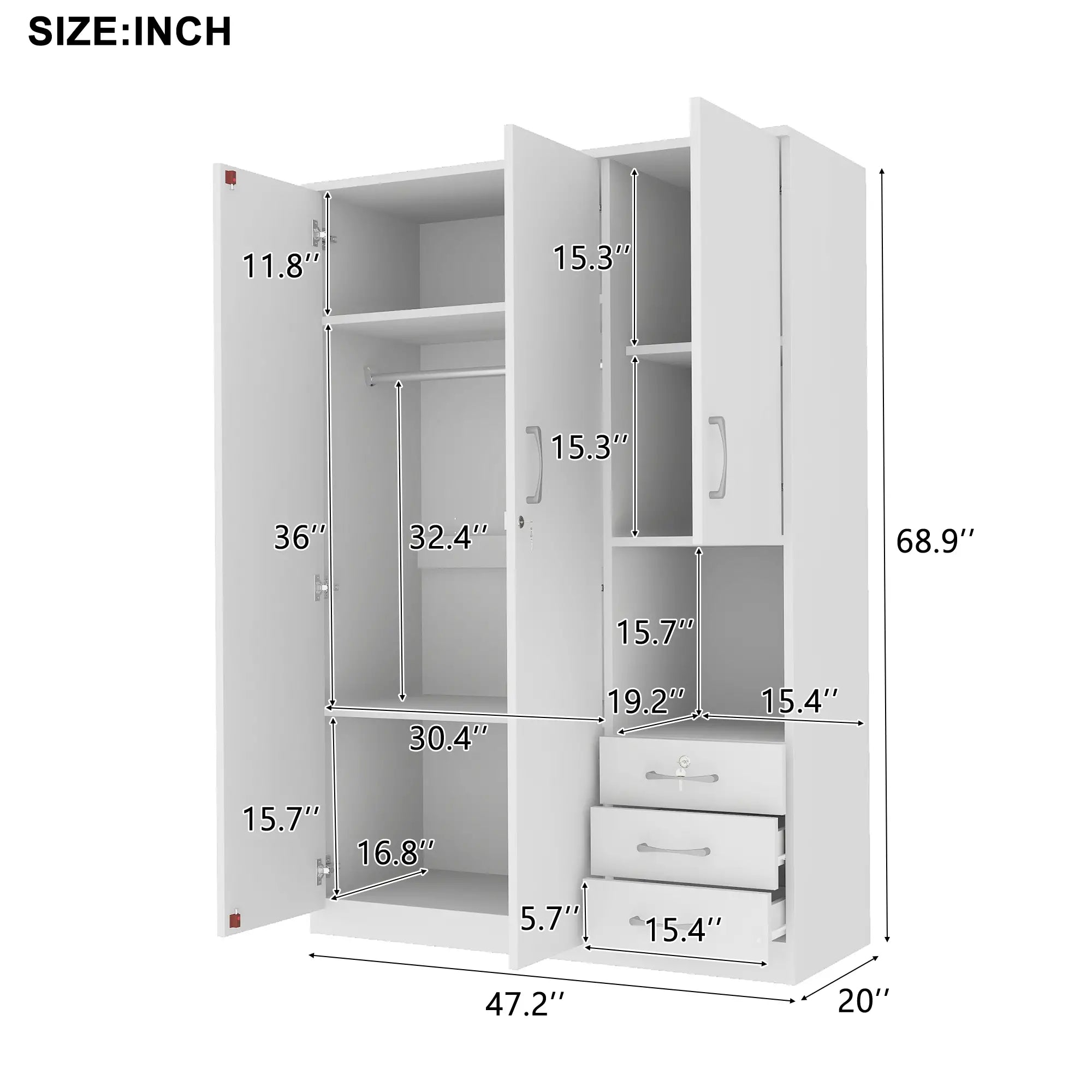 Wooden Wardrobe, Shelves, 3 Drawers, Hanging Rod, 47