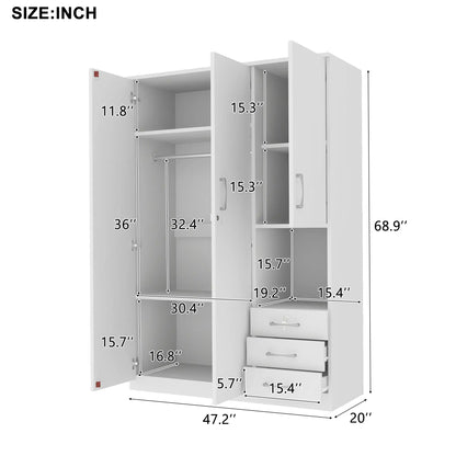 Wooden Wardrobe, Shelves, 3 Drawers, Hanging Rod, 47" L x 20" W x 69" H, White Clothing Storage at Gallery Canada