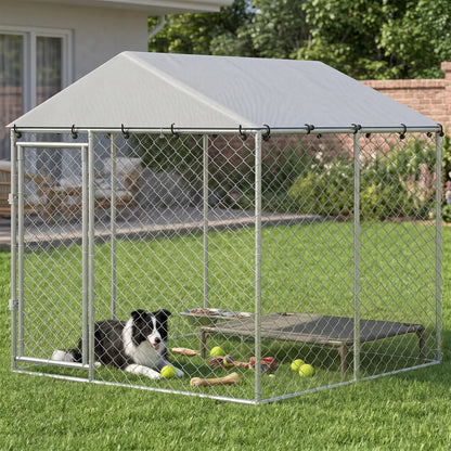 6.6' x 6.6' x 6.6' Outdoor Dog Kennel Heavy Duty Galvanized Steel with UV-resistant Roof, Silver