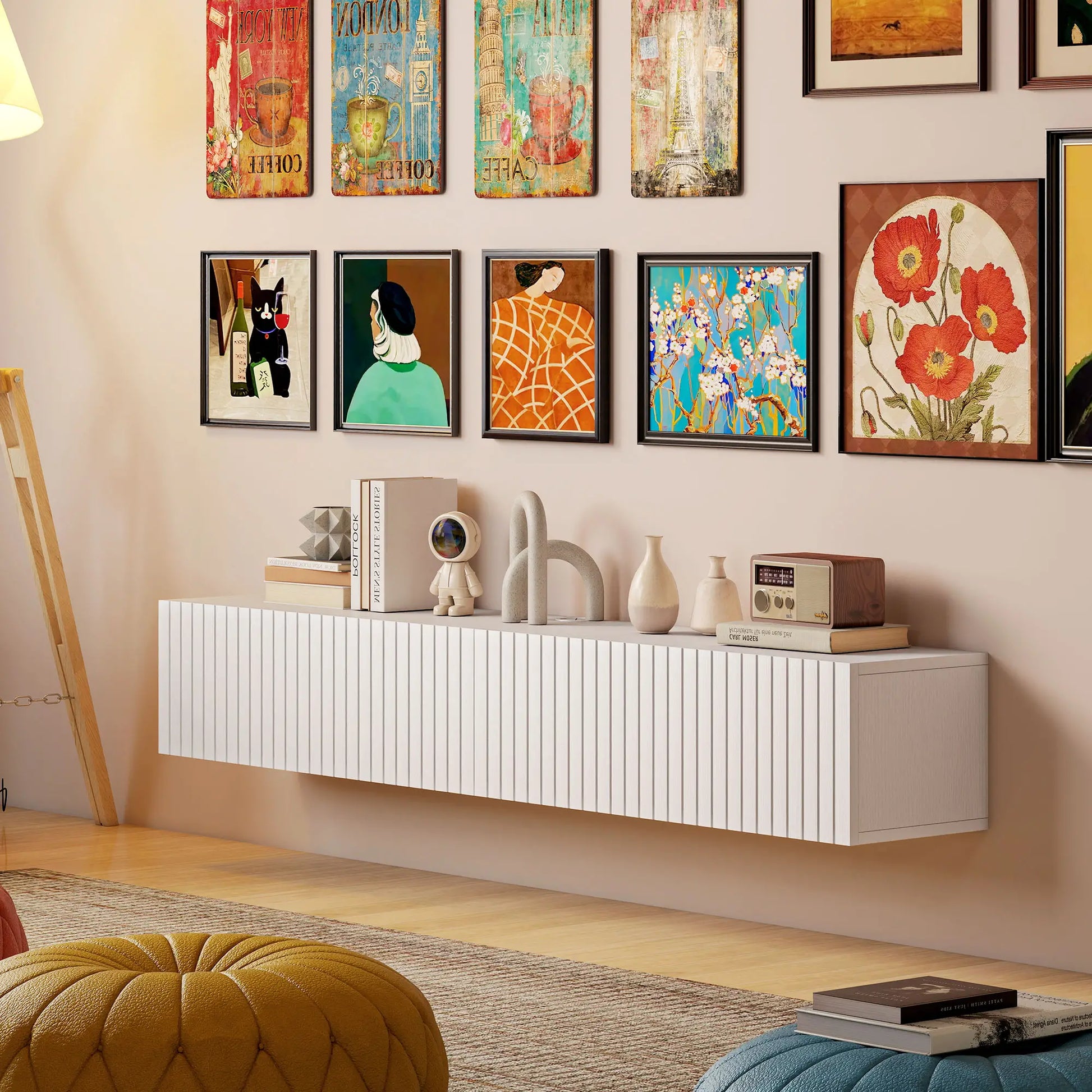 55 Inch Floating TV Stand, Wall Mount Media Console, 2 Fluted Doors, White TV Stands at Gallery Canada