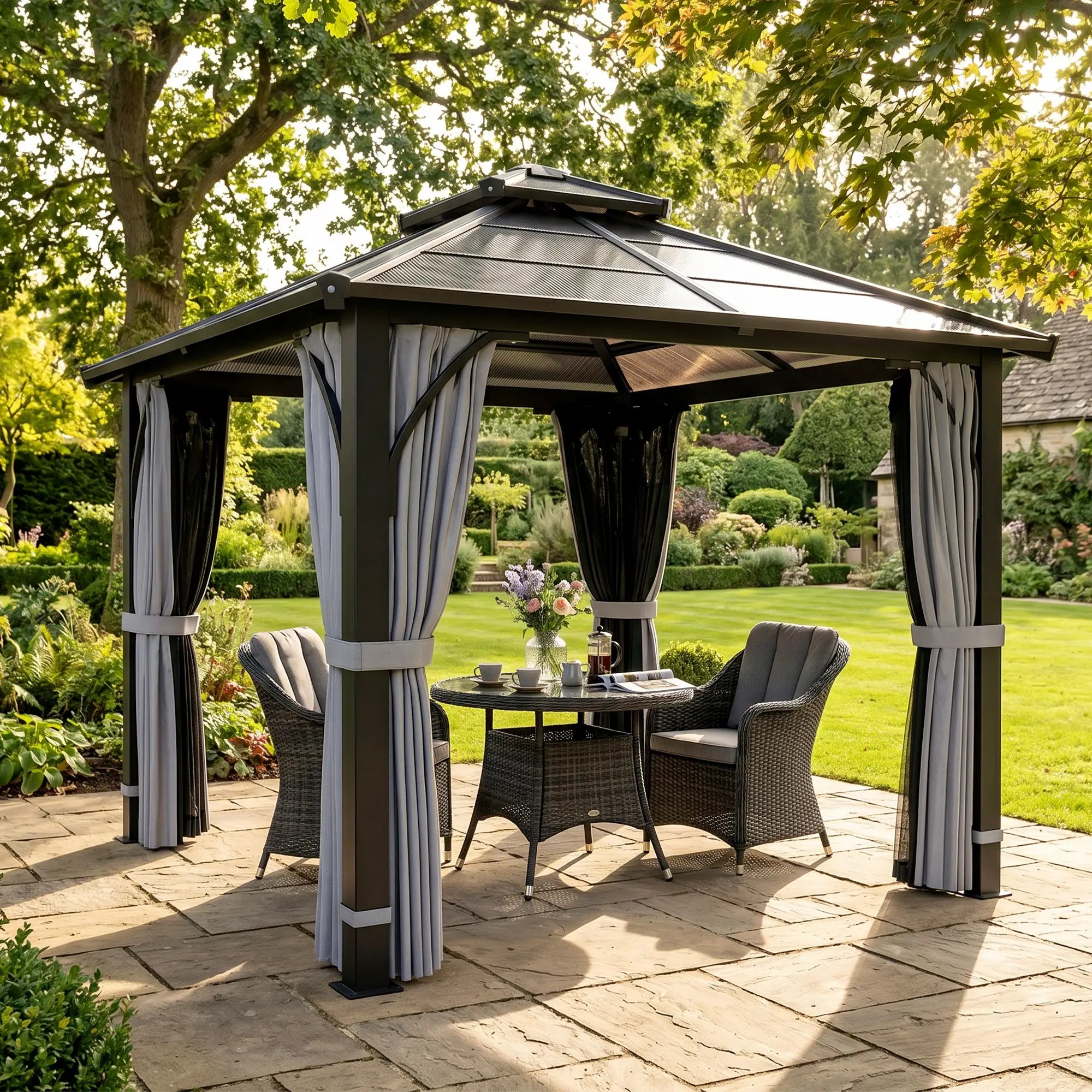 10' x 10' Hardtop Gazebo, 7mm Double Polycarbonate Roof, Netting, Curtains Gazebos at Gallery Canada
