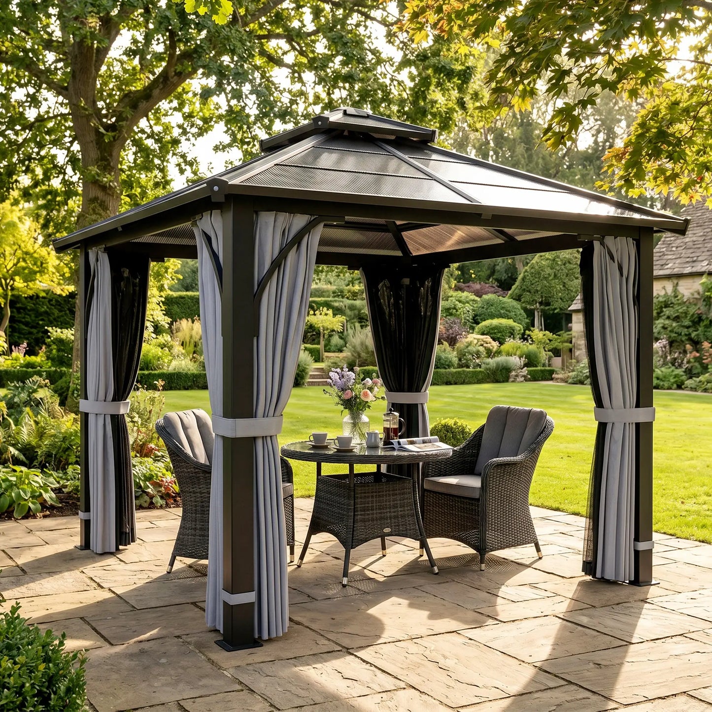 10' x 10' Hardtop Gazebo, 7mm Double Polycarbonate Roof, Netting, Curtains Gazebos at Gallery Canada