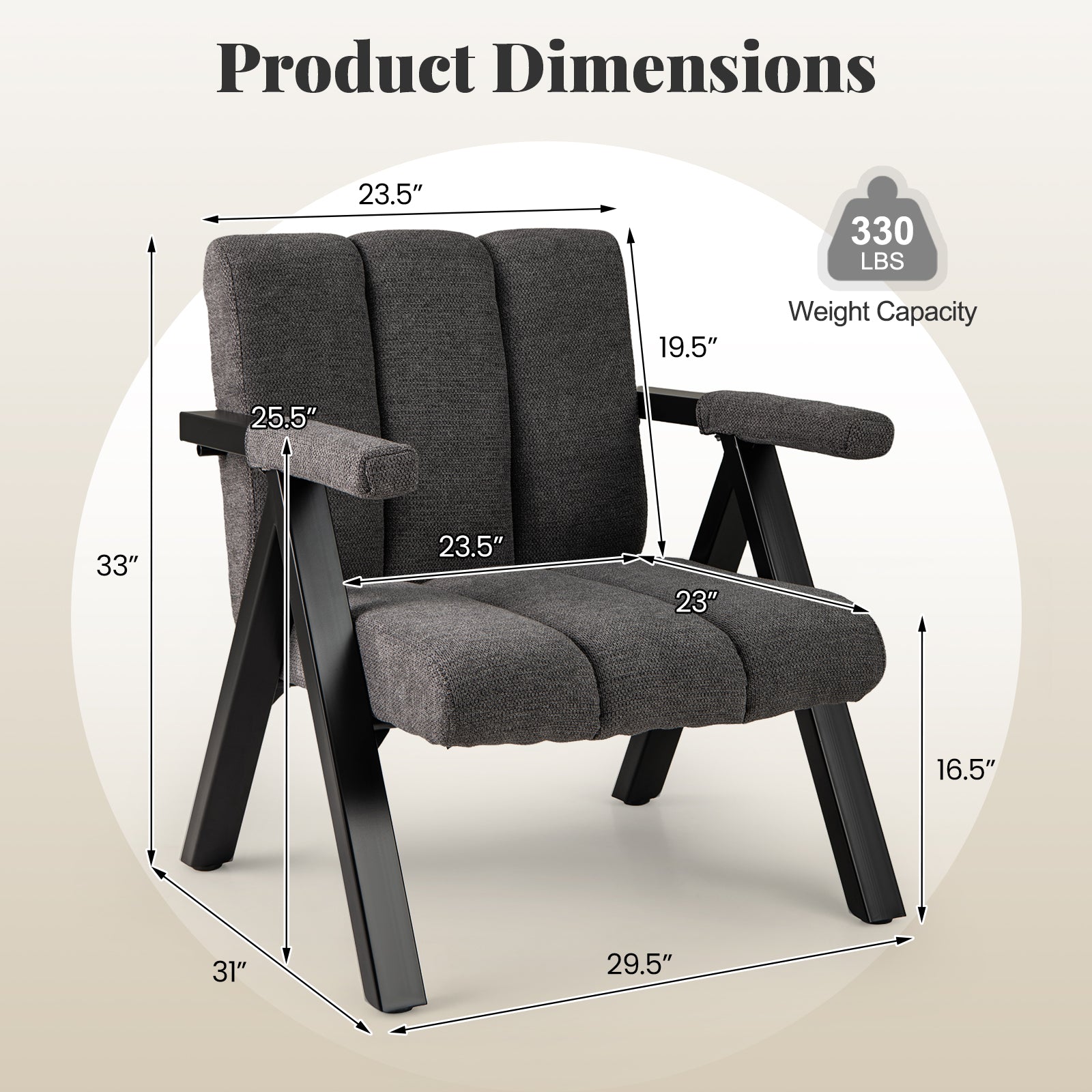 Oversized Accent Chair with Metal Frame and Armrests, Gray Accent Chairs at Gallery Canada