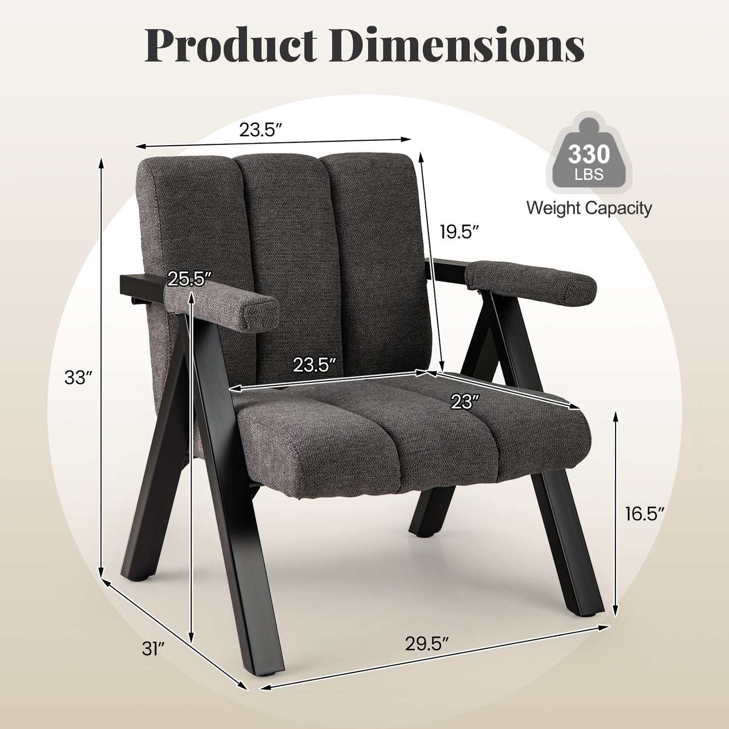 Oversized Accent Chair with Metal Frame and Armrests, Gray Accent Chairs at Gallery Canada