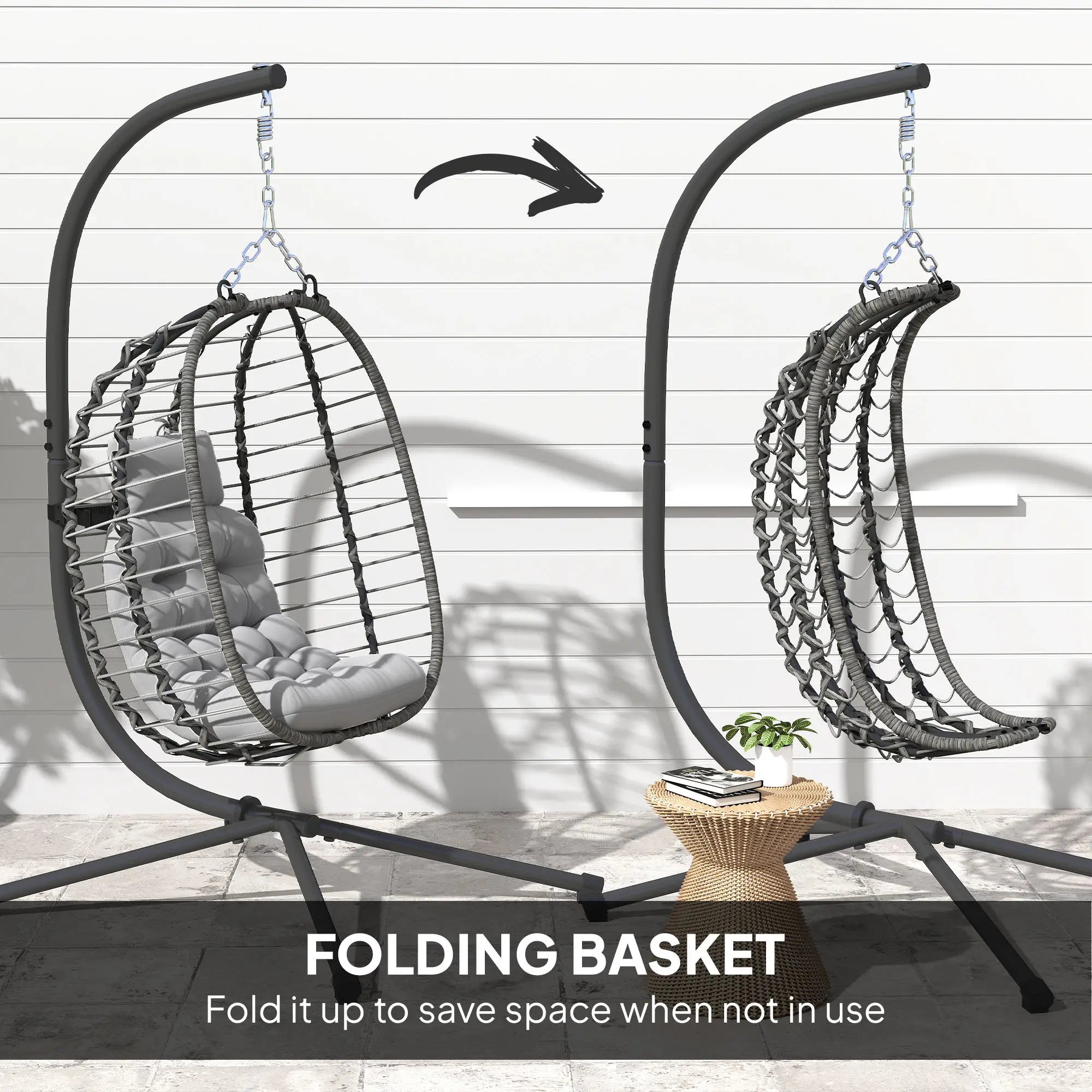 Hanging Egg Chair With Stand, Foldable Wicker Rattan Swing Chair, Light Grey Patio Chairs at Gallery Canada