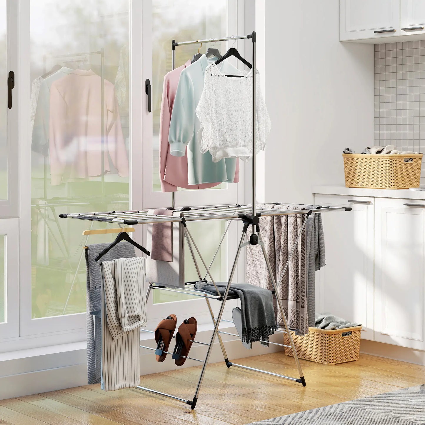 Foldable Stainless Steel Clothes Drying Rack, Adjustable Gullwings, Silver Bath Accessories at Gallery Canada