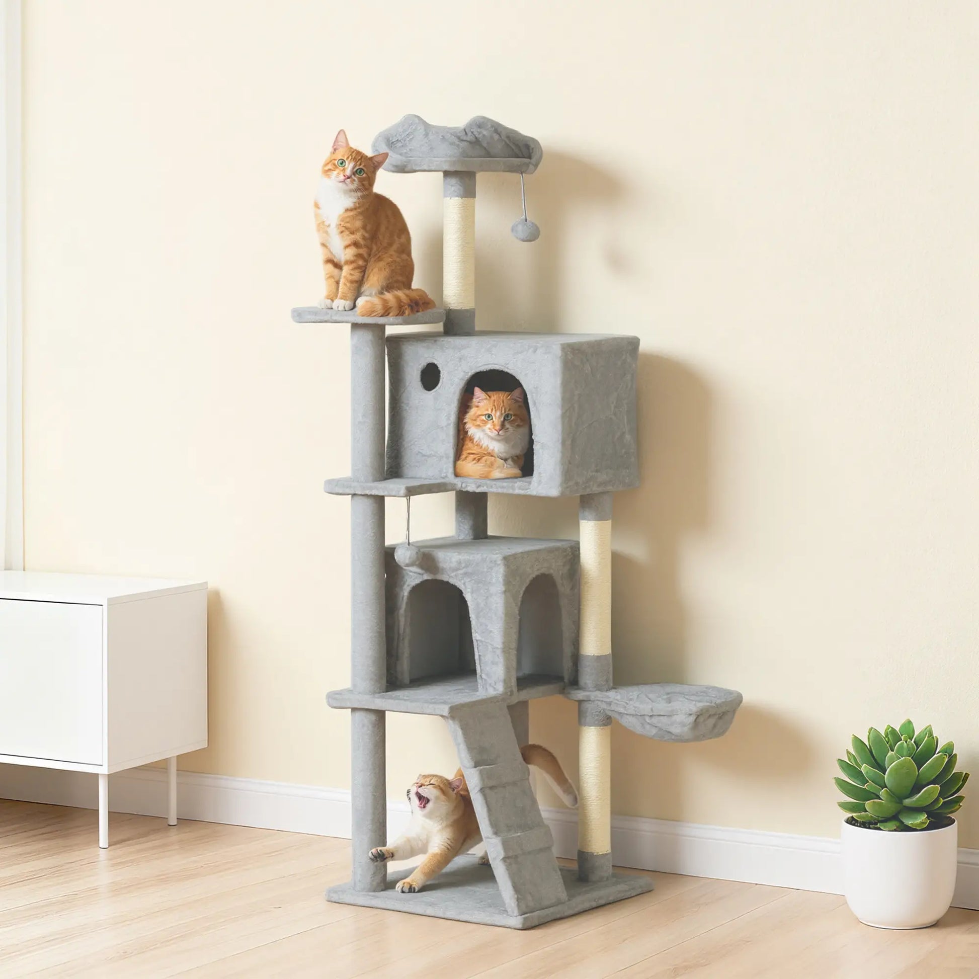 63 Inch Cat Tree, Sisal Scratching Posts, Condos, Plush Perches, Hammock, Ladder, Dangling Balls, Light Grey Cat Towers at Gallery Canada