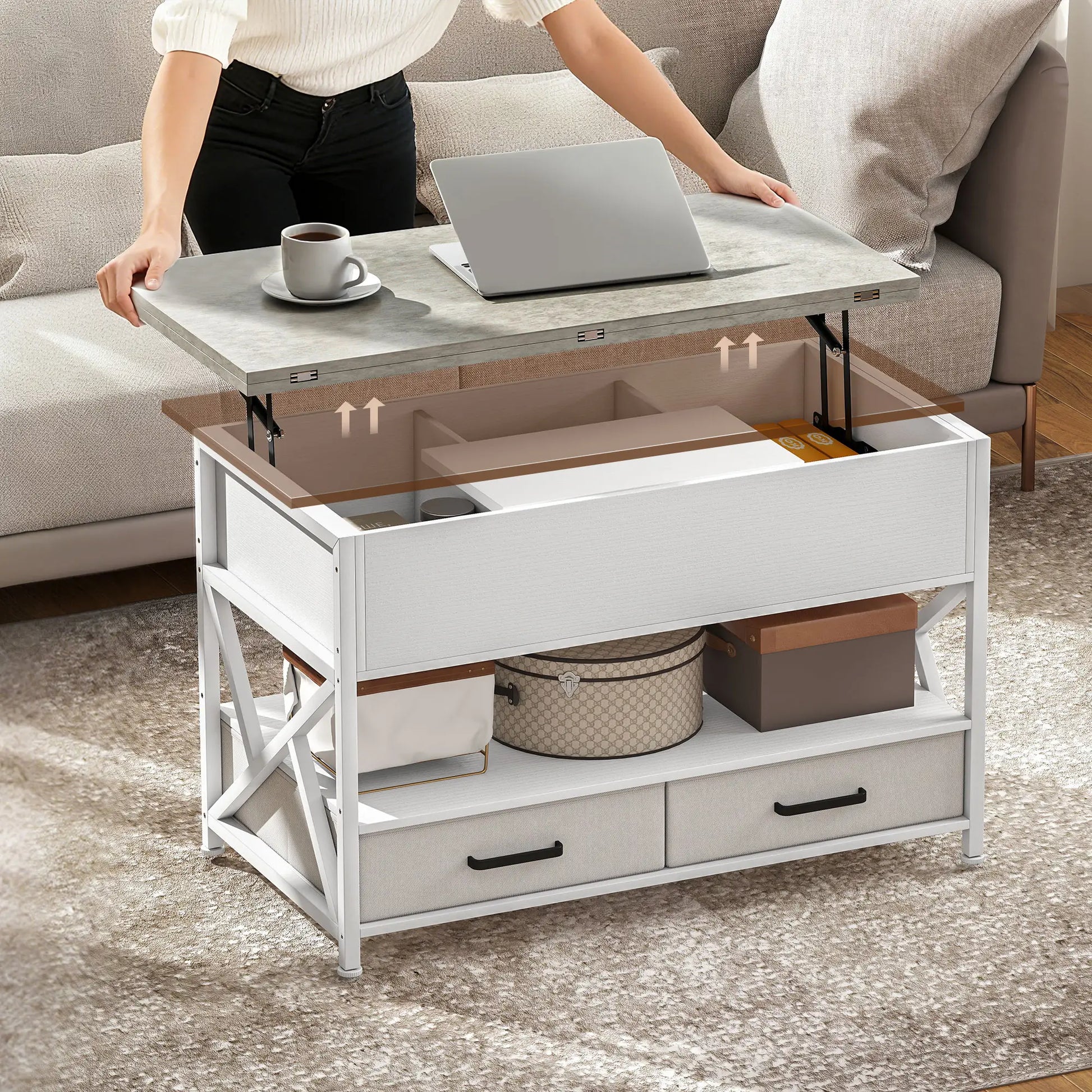 Modern Coffee Table, Lift Top with Fabric Drawers, Hidden Storage, Cement Grey Coffee Tables at Gallery Canada