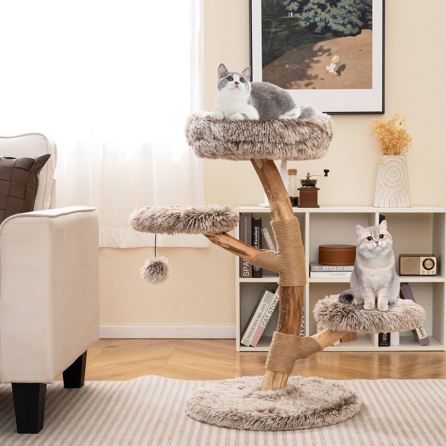 Cat Tree Solid Pear Wood with Perch and Natural Jute Scratching Posts, Brown Cat Trees Condos & Scratchers at Gallery Canada