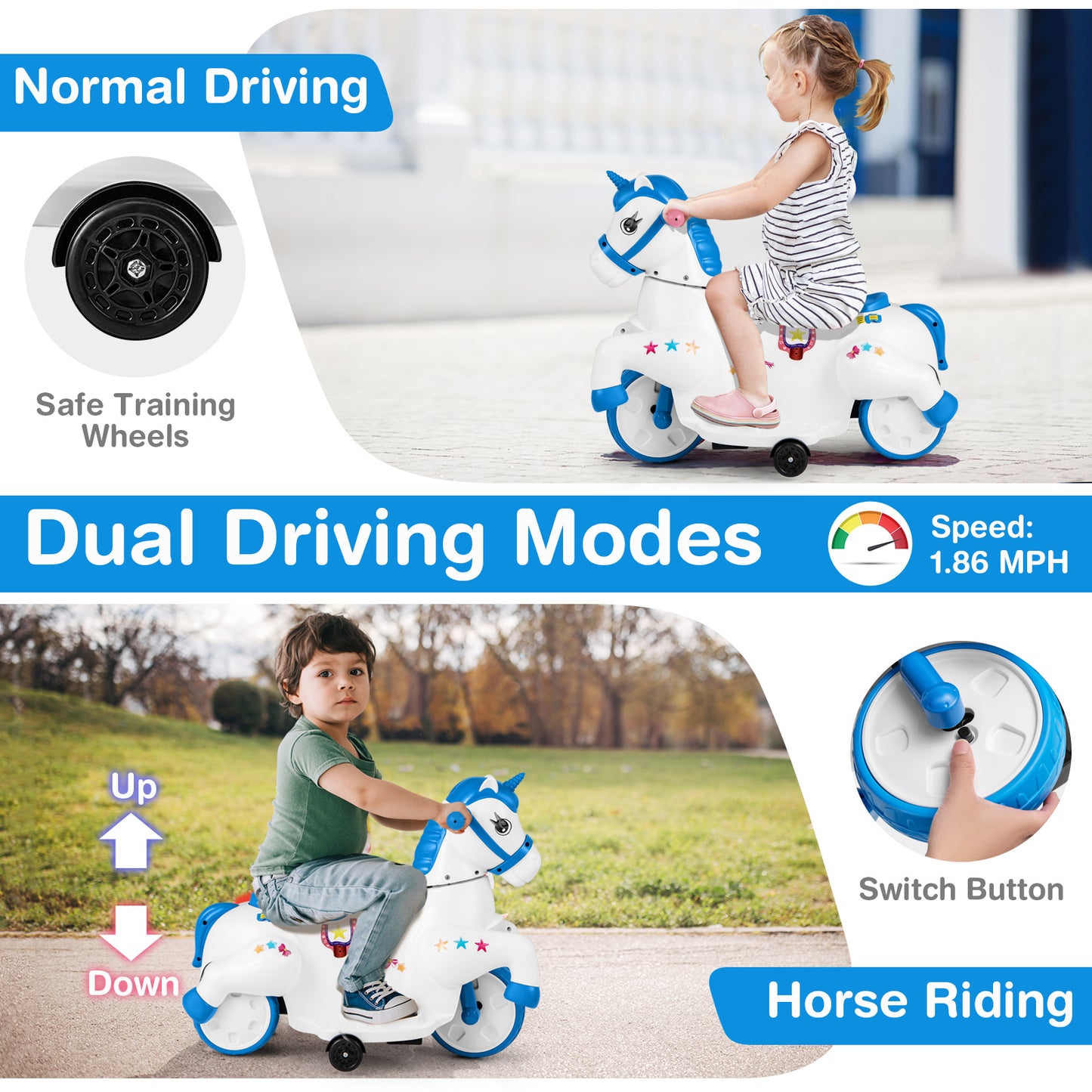 12V Unicorn Ride on Toy with Training Wheels and Horse Riding Mode, Navy Powered Ride On Toys at Gallery Canada