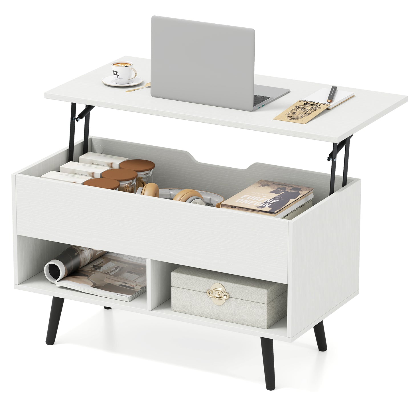 31.5 Inch Lift-Top Coffee Table, Hidden Storage, 2 Shelves, White Living Room at Gallery Canada