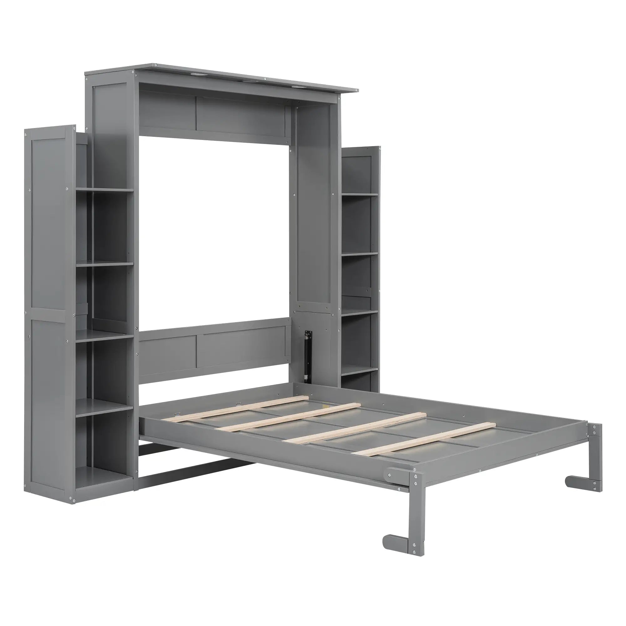 Murphy Bed with Shelves, LED Lights, Space-Saving Wall Bed, 91
