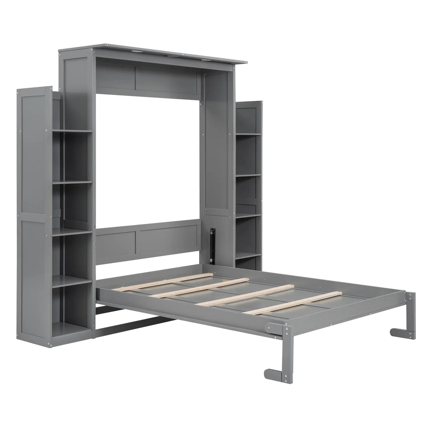 Murphy Bed with Shelves, LED Lights, Space-Saving Wall Bed, 91" L x 81" W x 84" H, Grey Bed Frames at Gallery Canada
