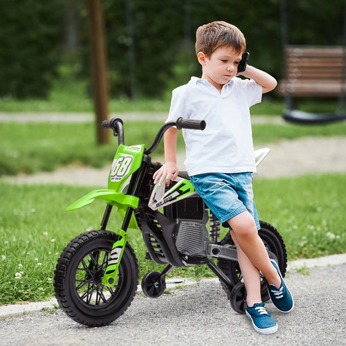 12V Kids Dirt Bike, Electric Motorcycle, Training Wheels, Green