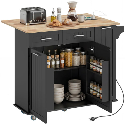 Rolling Kitchen Island With Drop Leaf, Charging Station, Black Kitchen Islands & Kitchen Carts Black, Oak at Gallery Canada