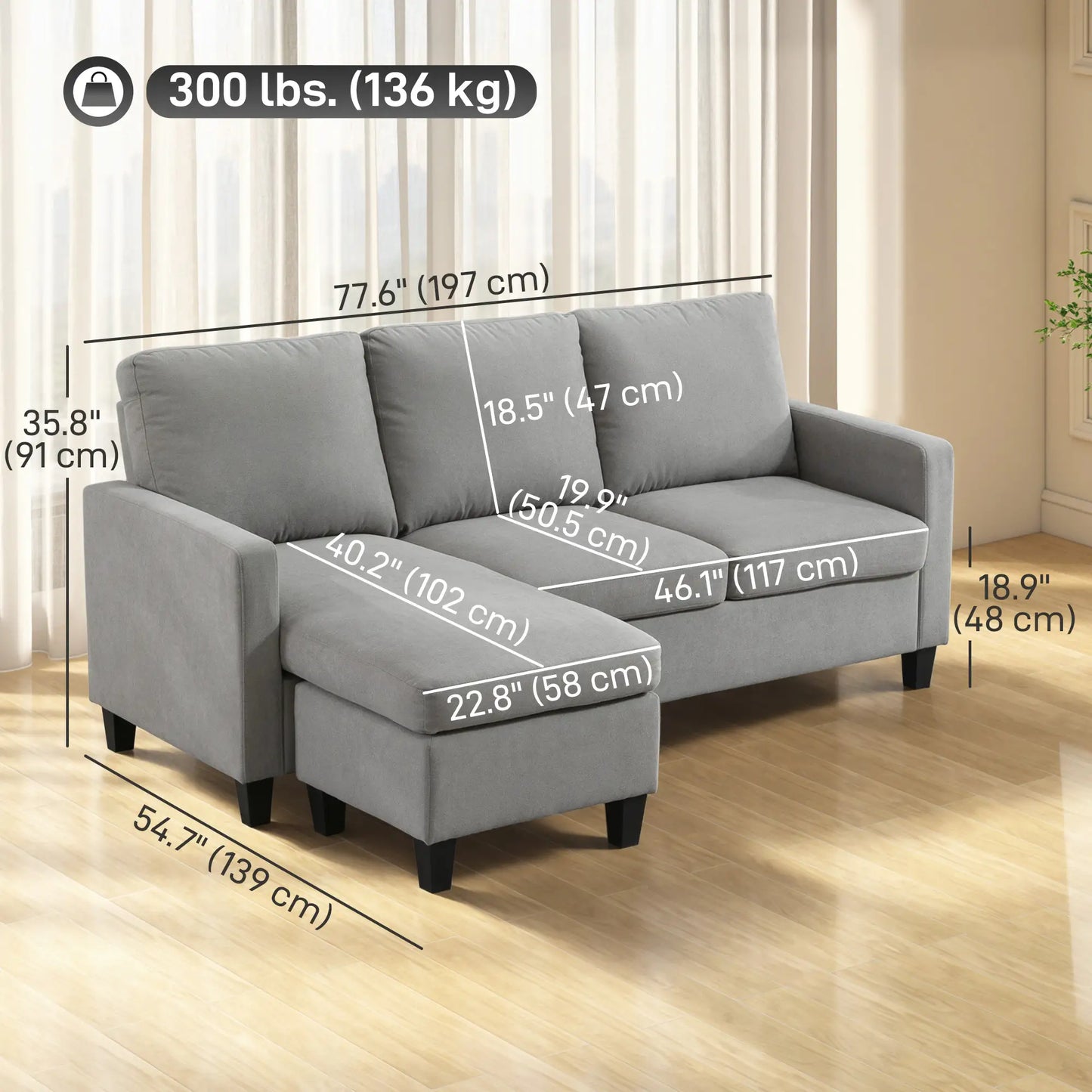 L-Shape Sectional Sofa with Ottoman, Modern Living Room Couch, Light Grey