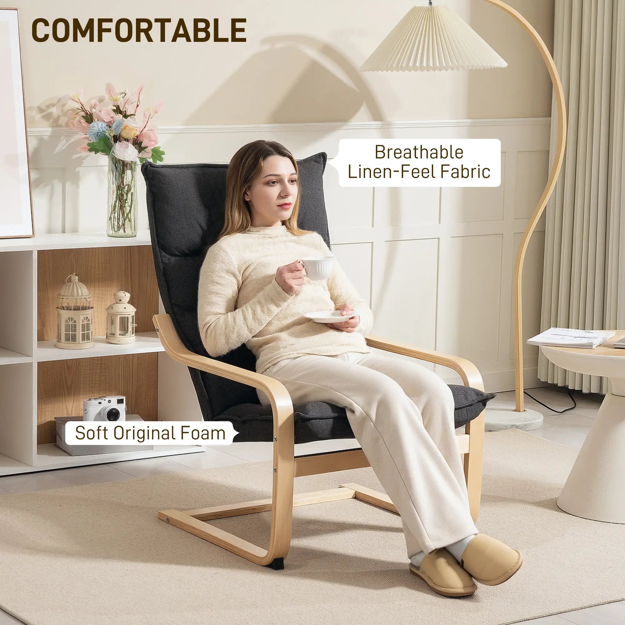 Modern Upholstered Armchair, Curved Leg, Living Room, Dark Grey Accent Chairs at Gallery Canada