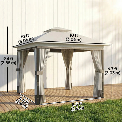 10' x 10' Light Grey Patio Gazebo, UPF50+ Double Roof With Netting, Light Grey Gazebos at Gallery Canada