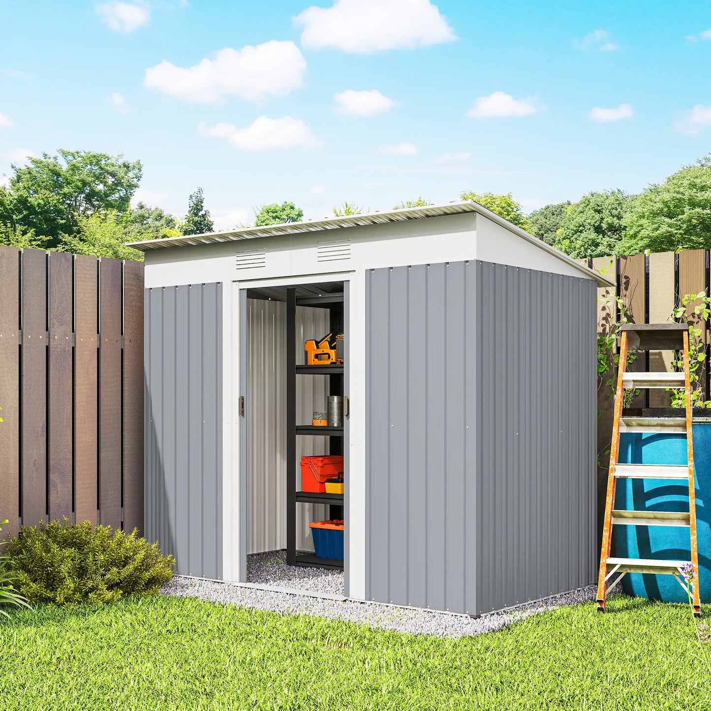 7' x 4' Metal Garden Shed, Lockable Sliding Doors, Vents, Grey