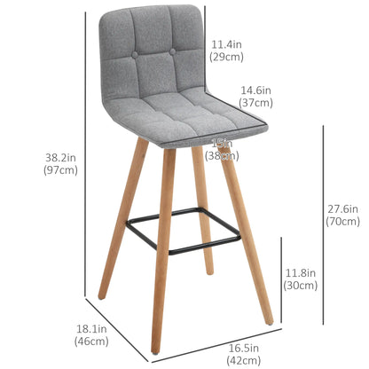 Modern Bar Stools Set of 2, 38" Upholstered, Solid Wood Legs, Grey Bar Stools at Gallery Canada
