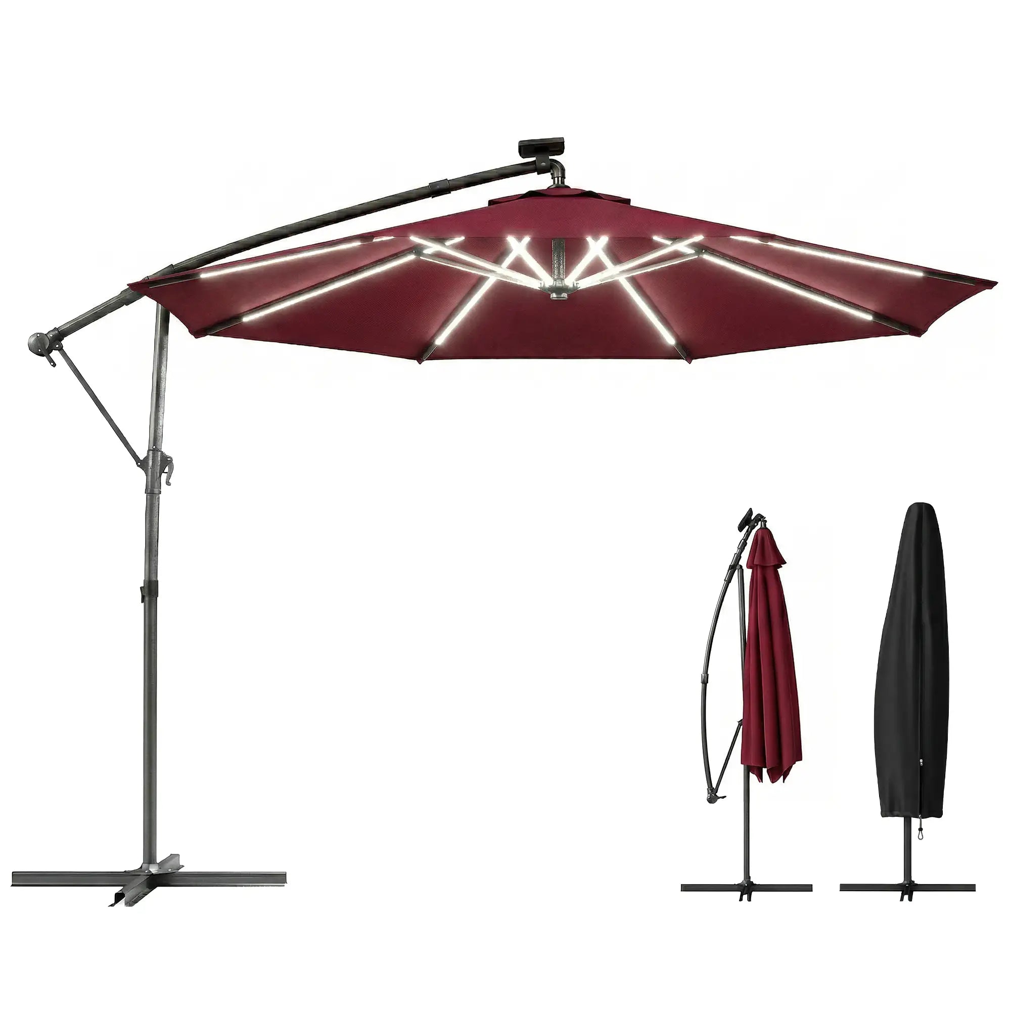 10 ft Offset Patio Umbrella, Solar Light, 360° Rotation, Tilt, Wine Red Offset Cantilever Umbrellas at Gallery Canada