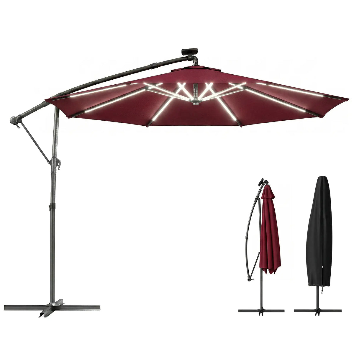 10 ft Offset Patio Umbrella, Solar Light, 360° Rotation, Tilt, Wine Red Offset Cantilever Umbrellas at Gallery Canada