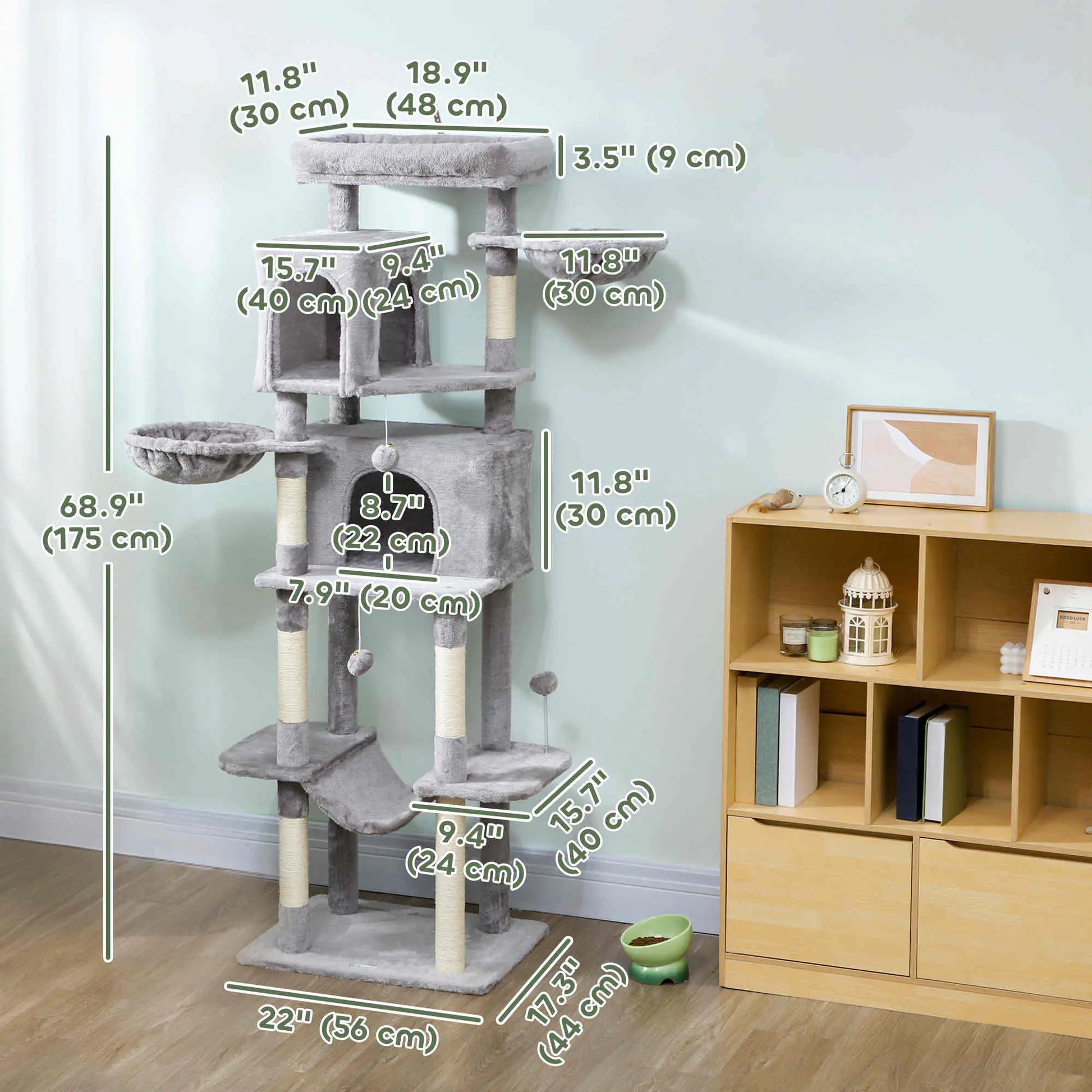 69" Cat Tree, Multi-Level Tower with 2 Condos, Plush Perch, Sisal Posts, Light Grey Cat Towers at Gallery Canada