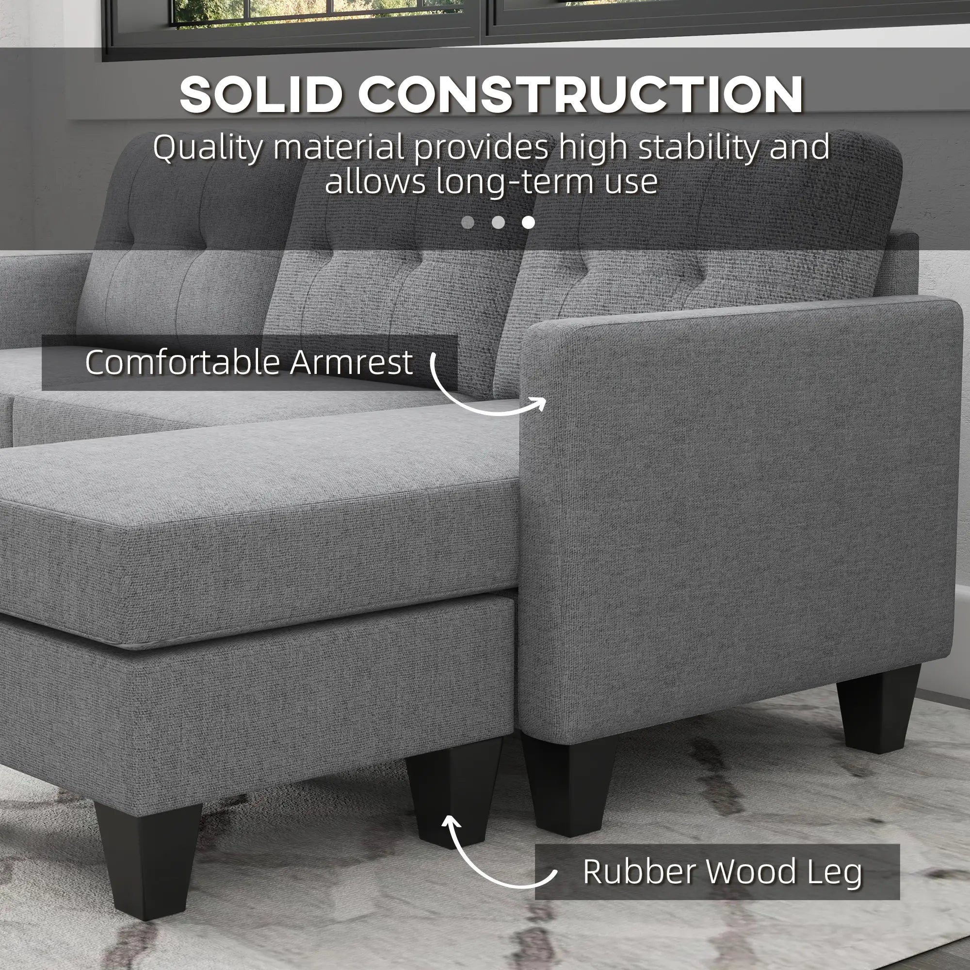 L-Shaped Sofa, 3 Seater with Ottoman, Thick Padded Cushion, Light Grey 3-Seater Sofas at Gallery Canada
