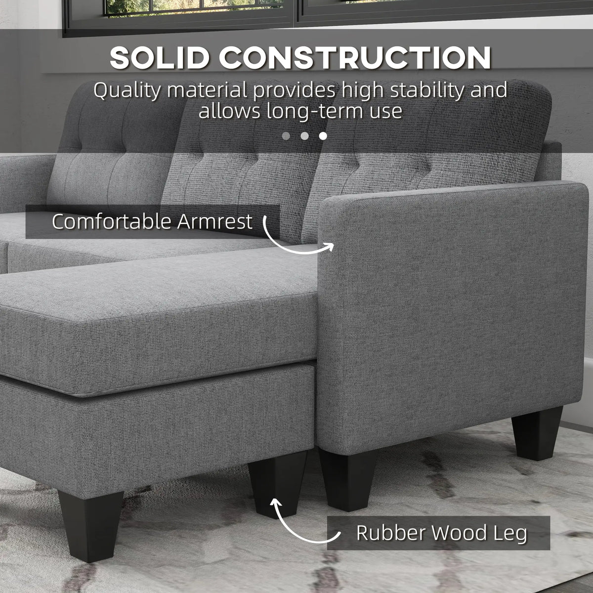 L-Shaped Sofa, 3 Seater with Ottoman, Thick Padded Cushion, Light Grey 3-Seater Sofas at Gallery Canada