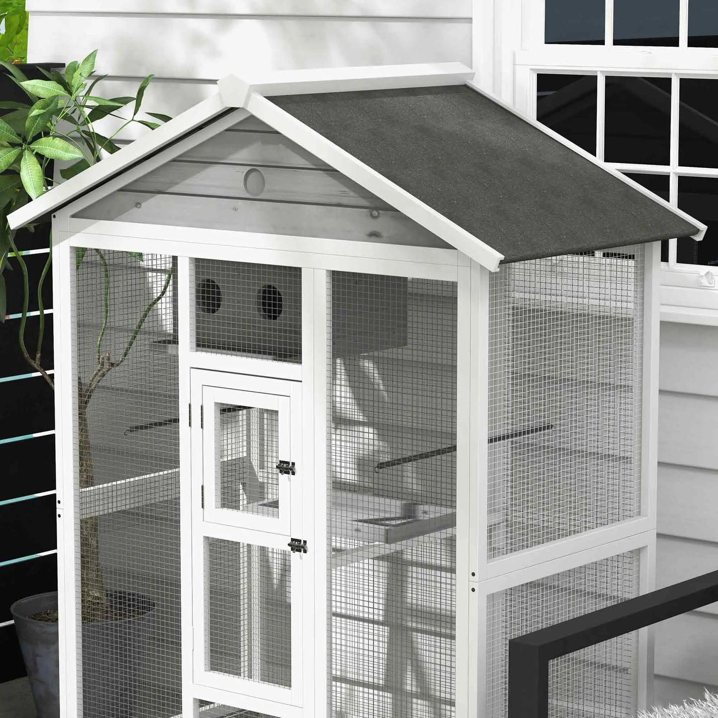 65" Large Bird Cage, Wooden Aviary, 2 Doors, Standing Pole, Grey Bird Cages at Gallery Canada