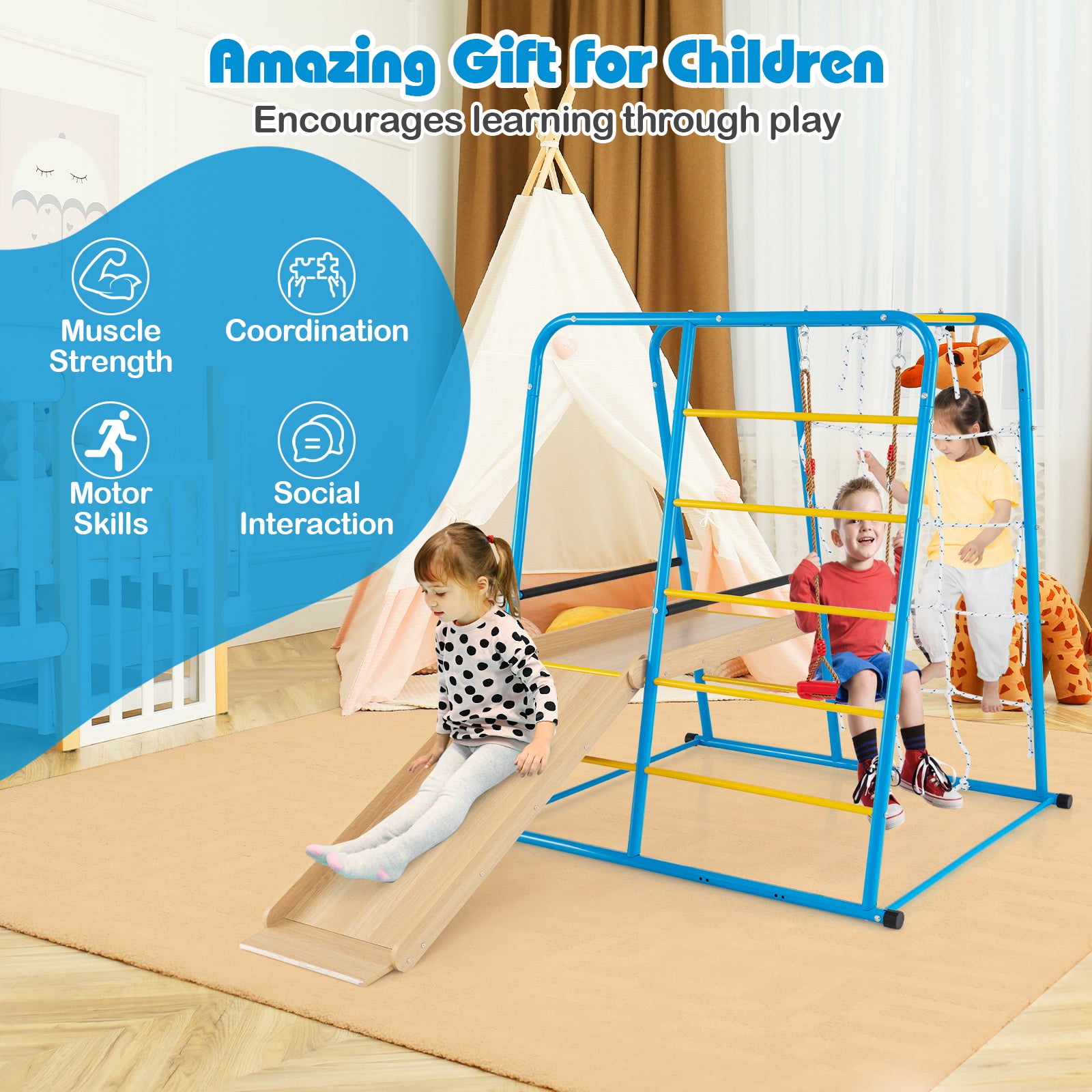6-in-1 Indoor Jungle Gym with Slide for Boys and Girls 3+ Years Old, Blue Climbers & Slides at Gallery Canada