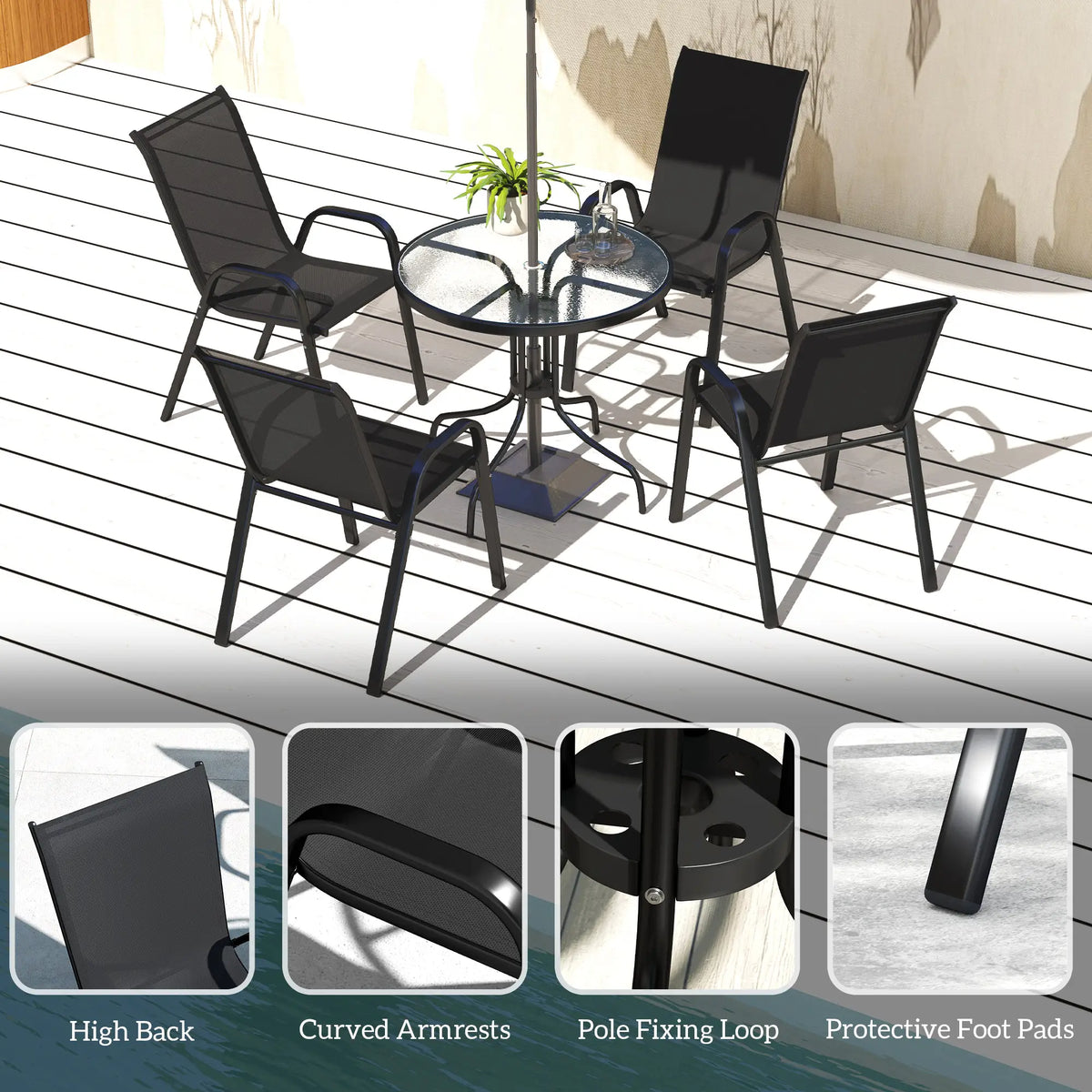 Five-Piece Steel Patio Set, Glass-Top Table, Black