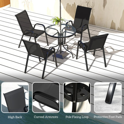 Five-Piece Steel Patio Set, Glass-Top Table, Black