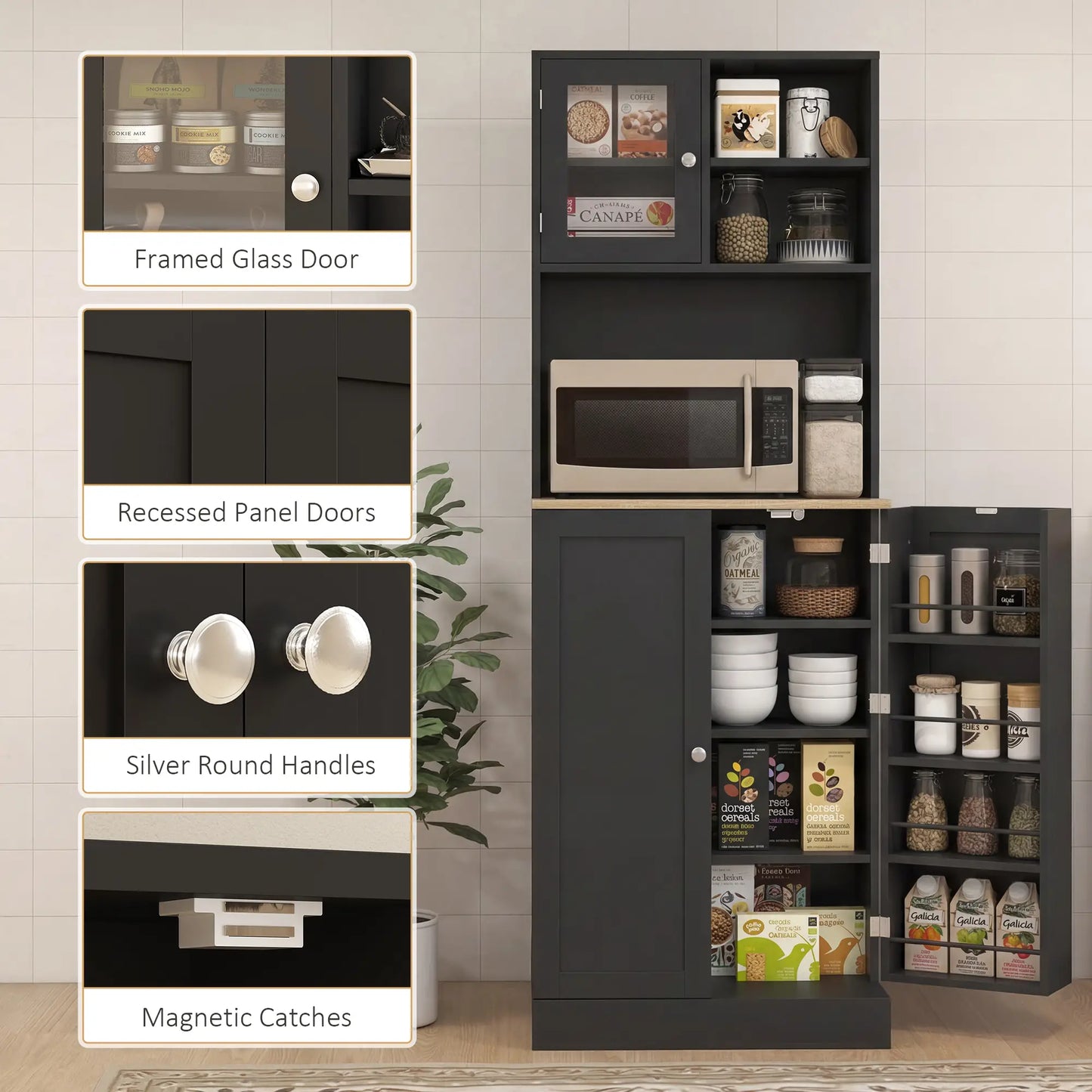 66.5" Tall Kitchen Pantry Cabinet, Microwave Cabinet, Black Kitchen Pantry Cabinets at Gallery Canada