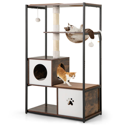 52 Inch Tall Wooden Cat Tree, Metal Frame, 2 Condos, Cushions, Coffee Cat Trees Condos & Scratchers Coffee at Gallery Canada