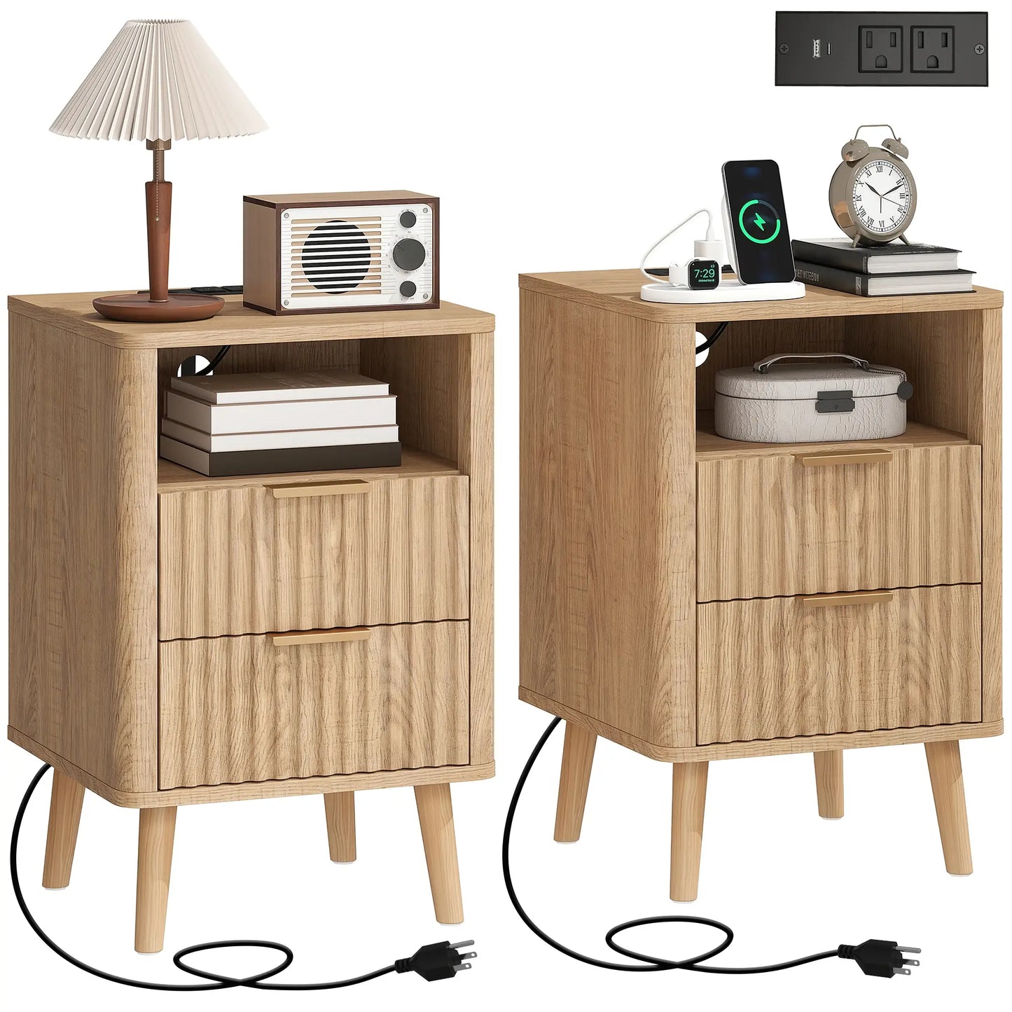 Modern Nightstands Set Of 2, Charging Station, 2 Drawers, Open Shelf, Oak Bedside Tables at Gallery Canada